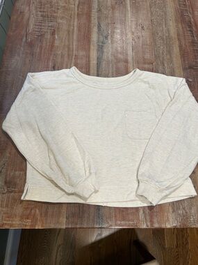 aerie Cream Long Sleeve Boxy Cropped Pocket Sweatshirt